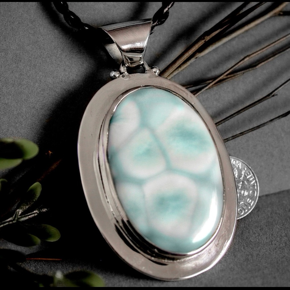 Large Vintage Larimar Pendant sterling silver wheat chain Oval Pendant necklace